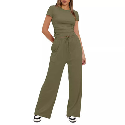 Conjunto deportivo informal de color liso para mujer, con top de manga corta y cintura alta y pantalones anchos