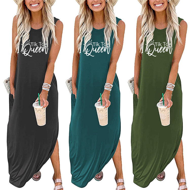 Vestido largo informal sin mangas con estampado de letras Queen para mujer