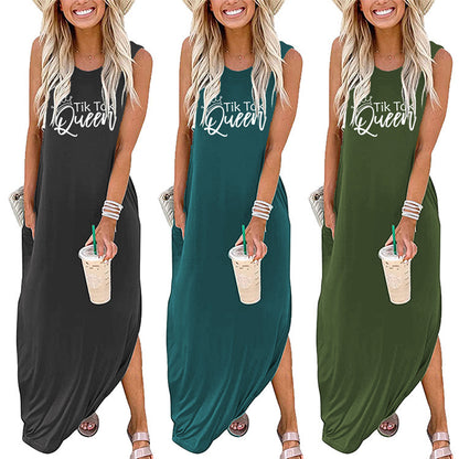 Vestido largo informal sin mangas con estampado de letras Queen para mujer