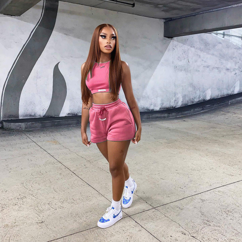 Women Casual Solid Color Label Vest Top And Shorts Two-Piece Set
