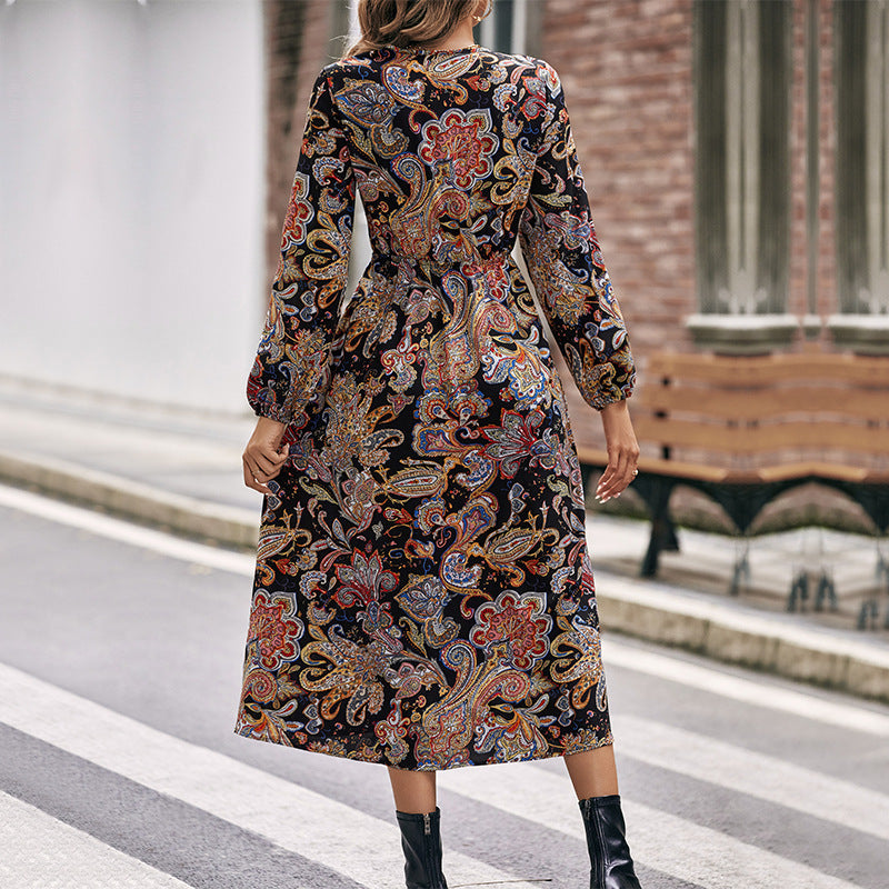Fashion Women Casual Elegant Long-Sleeved Slit Paisley Print Wrap Midi Office Chic Dress