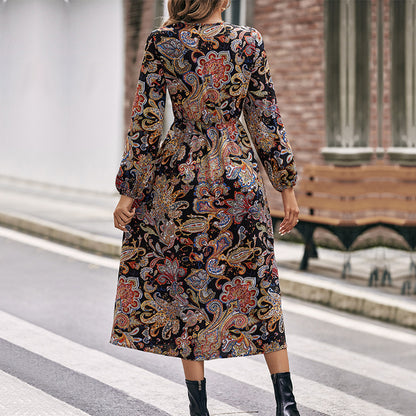 Fashion Women Casual Elegant Long-Sleeved Slit Paisley Print Wrap Midi Office Chic Dress