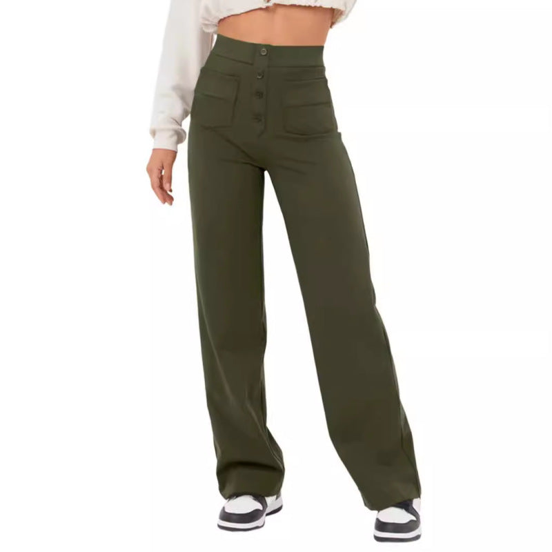 Fashion Women Casual Straight High Waist Button Elastic Multiple Pockets Pants