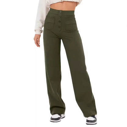 Fashion Women Casual Straight High Waist Button Elastic Multiple Pockets Pants