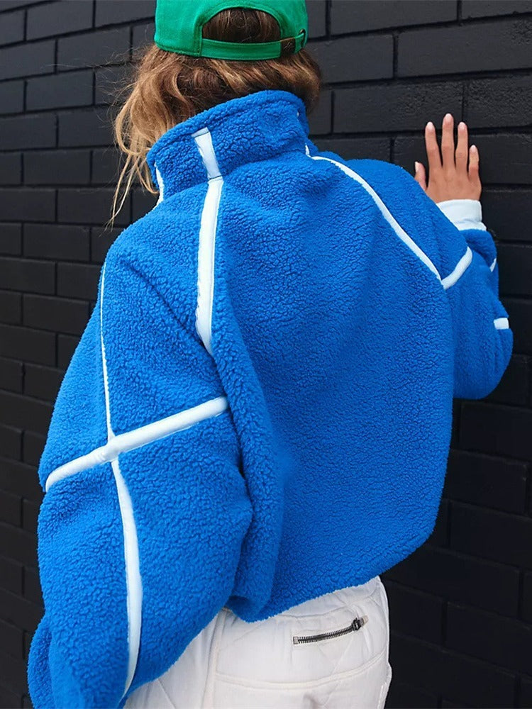 Half Zipper Turtle Neck Women Street Fashion Casual Winter Pullover Solid Color Plush Sweatshirt