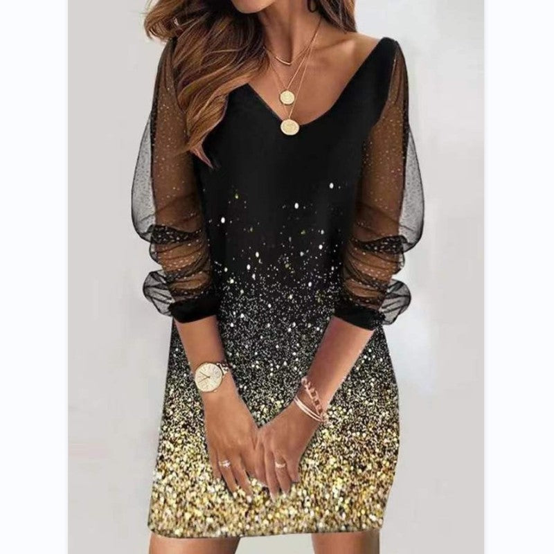 Casual Plus Size Women Sequined See-Through Mesh Long Sleeve Casual Dress