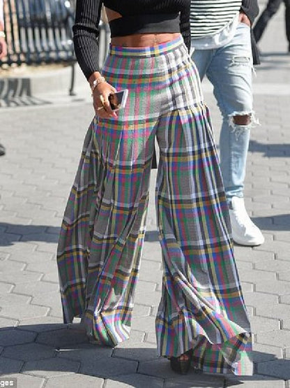 Summer Fashion Colored Grid Prined Loose Casual Women Straight Pants