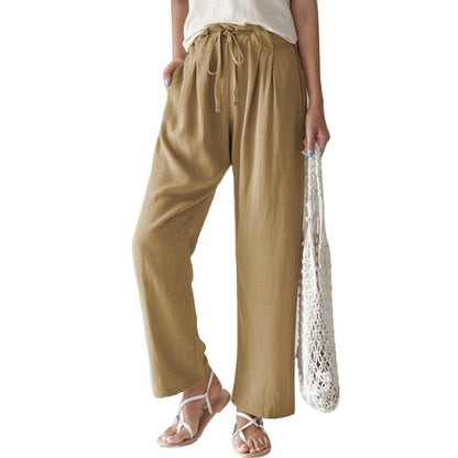 Pantalones rectos holgados de cintura elástica de lino y algodón para mujer
