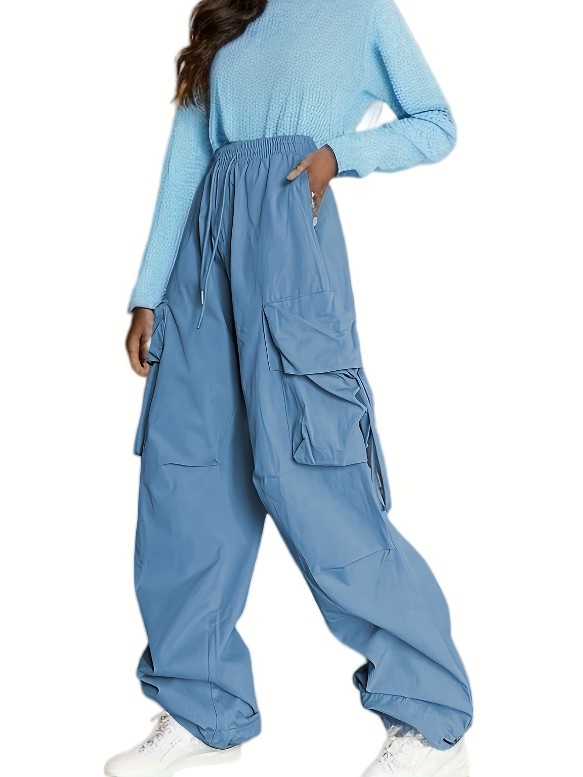 Women Fashion Casual Solid Color Multi-Pocket Drawstring Wide-Leg Pants