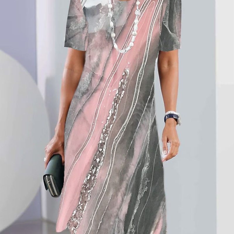 Vestido informal de manga corta con cuello redondo y estampado geométrico para mujer