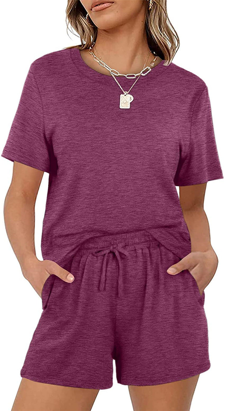 Women Casual Summer Basic Solid Color Short Sleeve T-Shirt Elastic Tie Pocket Shorts Set