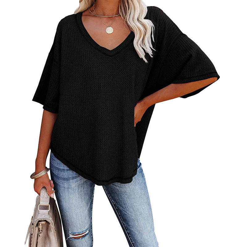 Prendas de punto informales con cuello en V y mangas cortas de color liso para mujer