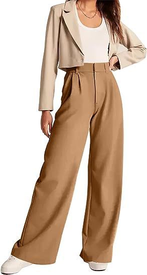 Women Fashion Casual Solid Color High Waist Wide Leg Pants