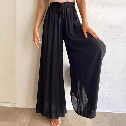 Women Fashion Casual Loose Solid Color Drawstring High-Waist Wide Leg Pants