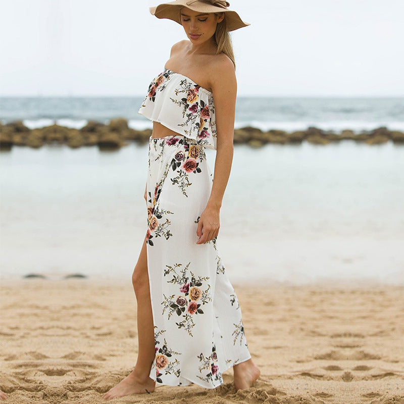 Women Printed High Waist Loose Casual Slit Wide Leg Pants