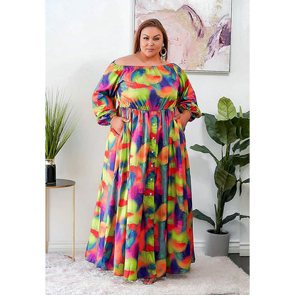 Women Fashion Casual Tie-Dye Printing Long Sleeve Large Size Dress