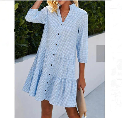 Women Fashion Casual Plaid Collar Shirt Dress