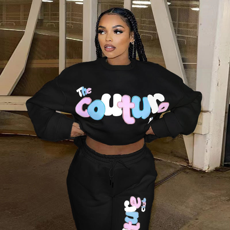 Conjunto de 2 piezas de sudadera informal de manga larga con estampado de letras y cintura definida para mujer