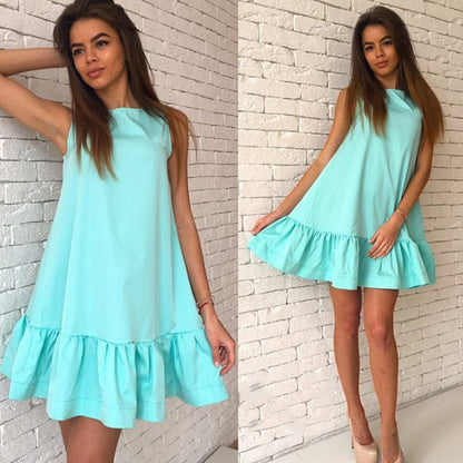 Summer Women Casual Solid Color Beach Party Ruffled Sleeveless Fashion Mini Dress
