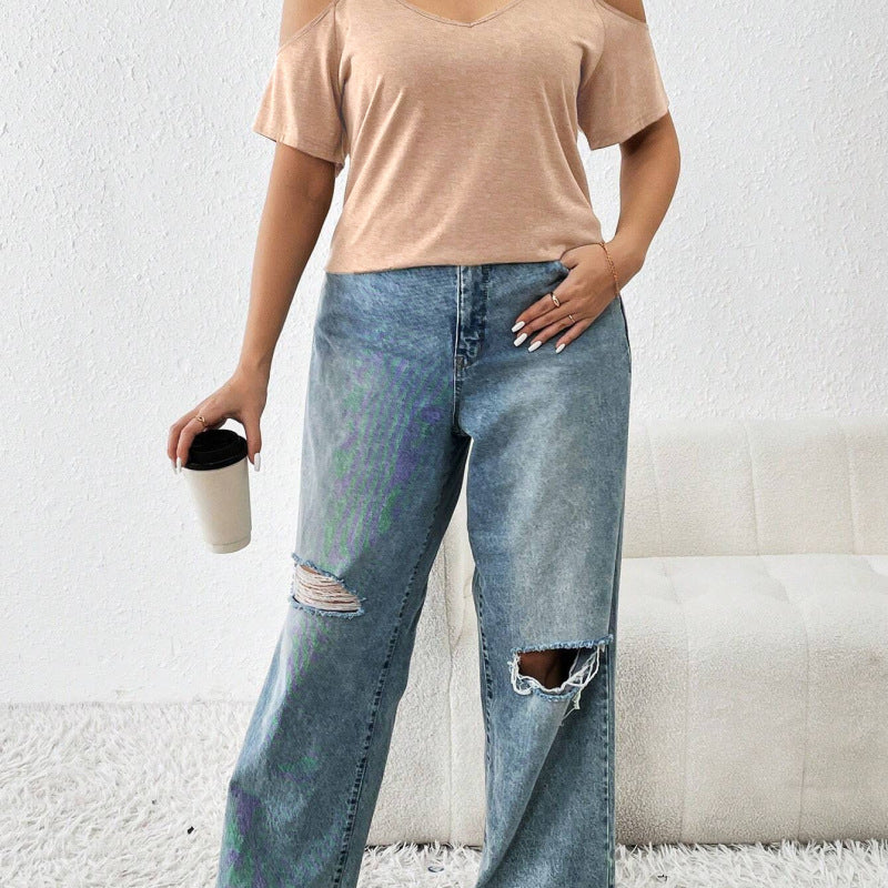 Camiseta informal de verano con tirantes y hombros descubiertos para mujer, talla grande