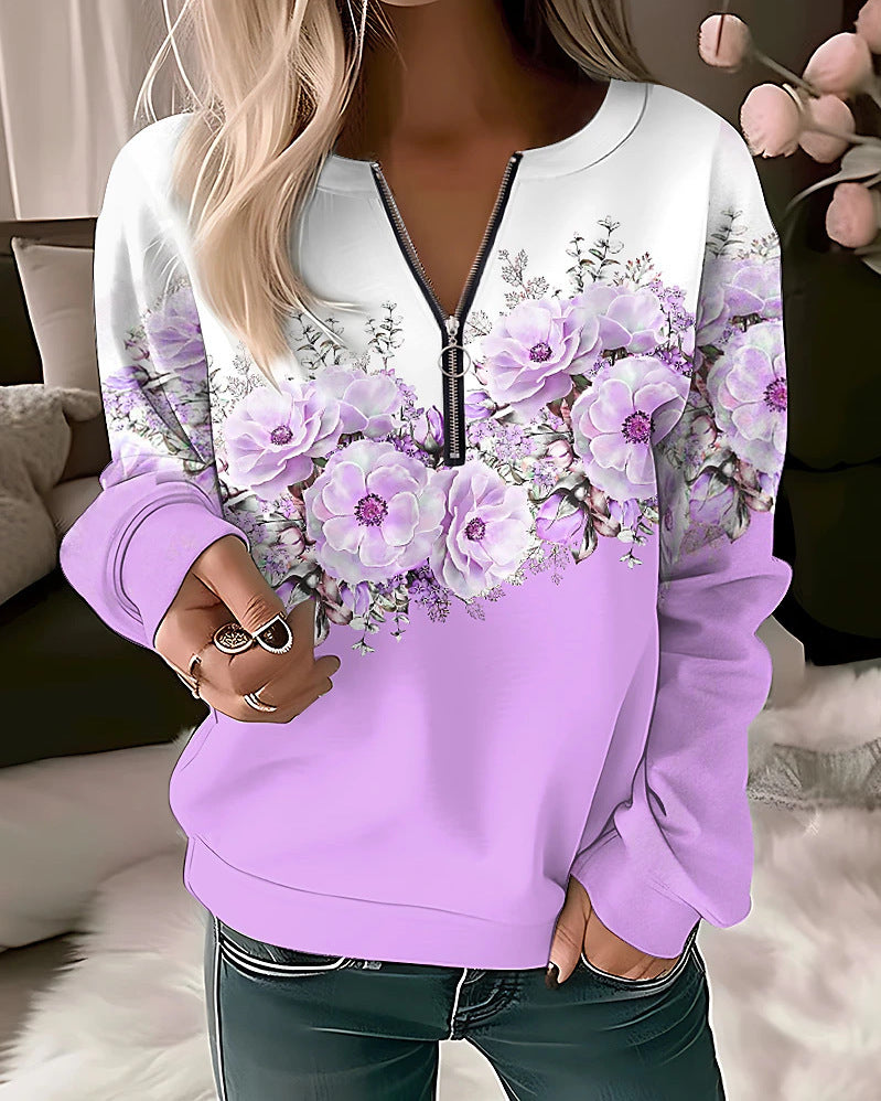 Women Casual Floral Printed V-Neck Long-Sleeve Pullover Loose Sweatshirt