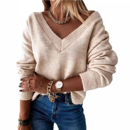 Suéter de punto con cuello en V de color liso informal a la moda para mujer