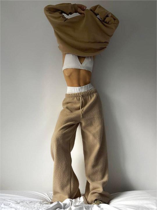 Autumn Winter Women Fashion Casual Lamb Wool Wide Leg Pants