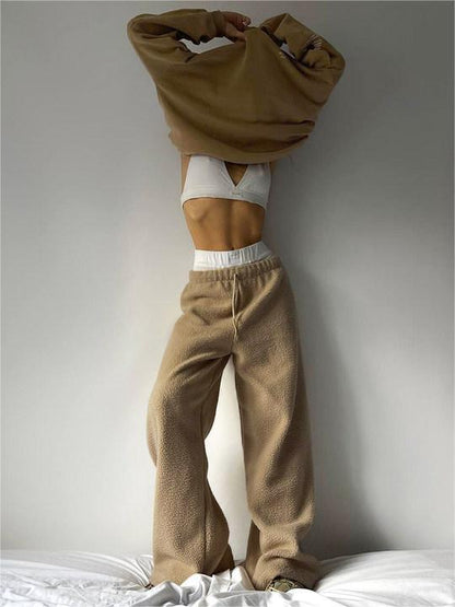 Autumn Winter Women Fashion Casual Lamb Wool Wide Leg Pants