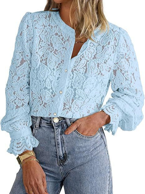 Women Fashion Casual Lace Shirt Long Sleeve Button Solid Color Blouse