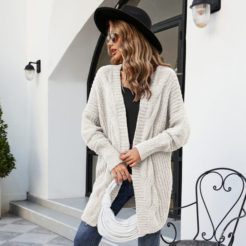 Cárdigan de punto de felpa de manga larga de color liso informal de invierno para mujer