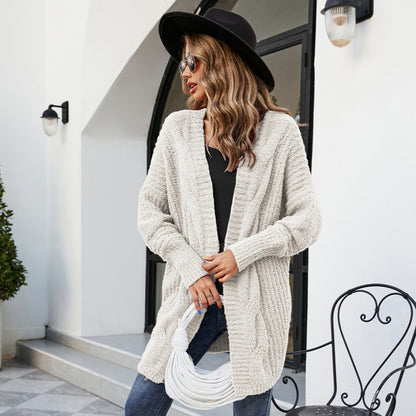 Cárdigan de punto de felpa de manga larga de color liso informal de invierno para mujer