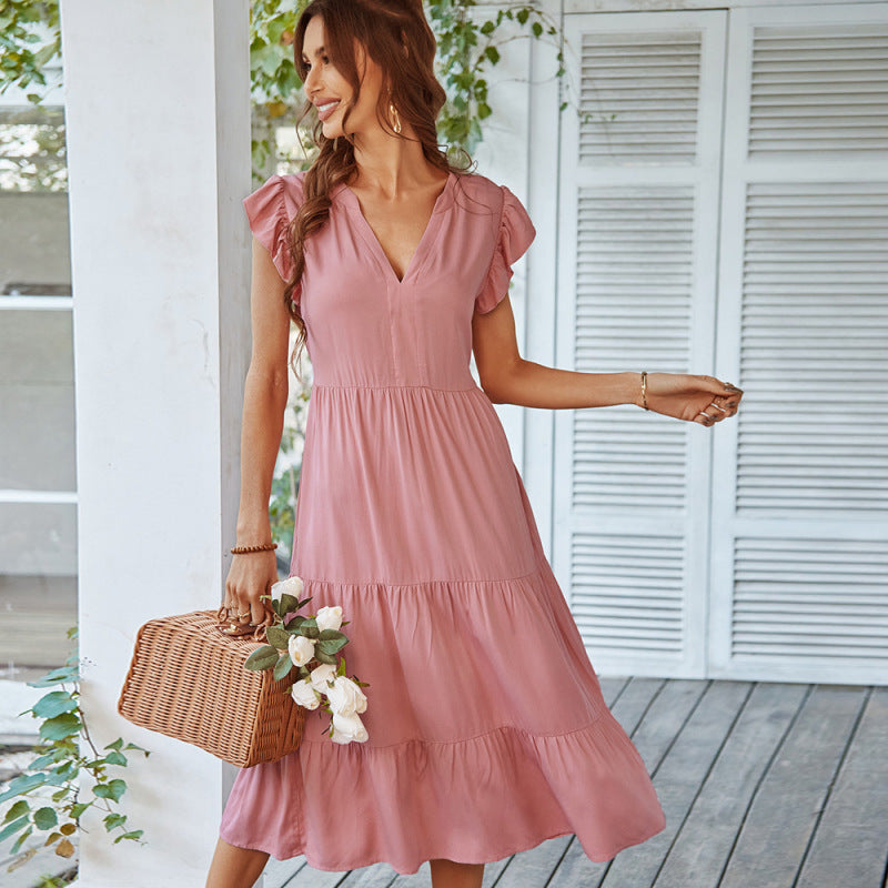 Women Casual Sexy style Solid Color V-Neck Ruffle Dresses