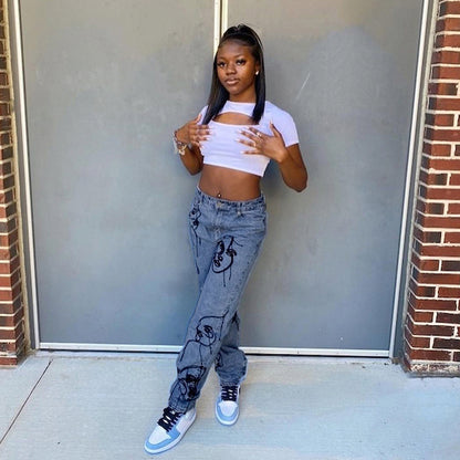 Vaqueros rectos con bordados faciales casuales a la moda para mujer