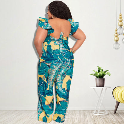 Plus Size Women Printed Casual Short Top And Pants Two Pieces Suit