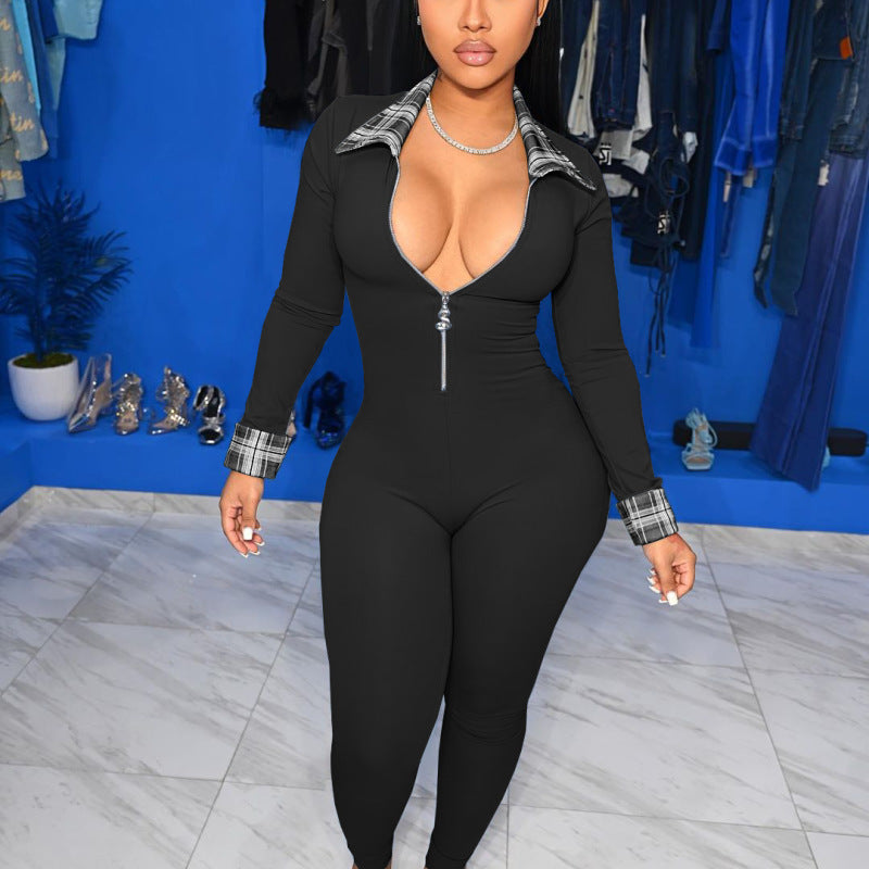 Women Stitching Lapel Zipper Long Sleeve Slim Fit Casual Jumpsuit