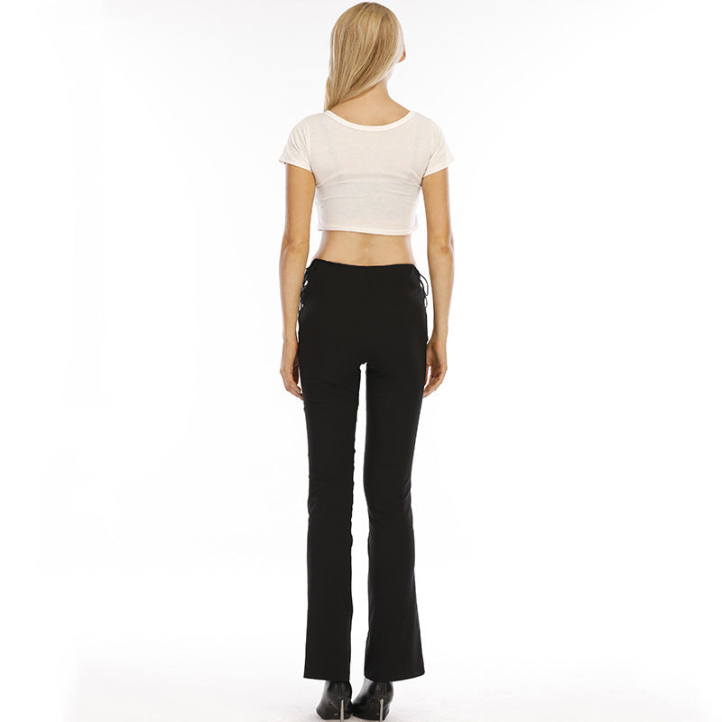 Women Elegant Casual Hollow Out Lace-up Solid Color Flared Pants