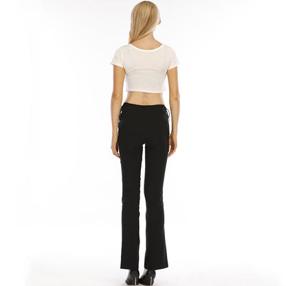 Women Elegant Casual Hollow Out Lace-up Solid Color Flared Pants