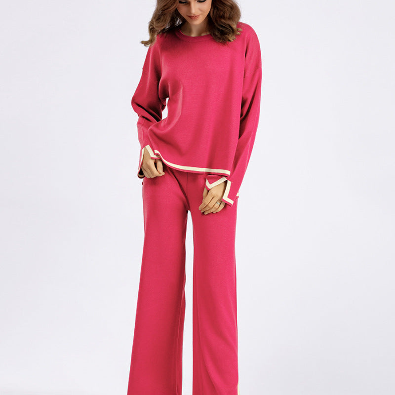 Conjunto de dos piezas de pantalón ancho de punto de manga larga con abertura en contraste para mujer, informal, para otoño e invierno
