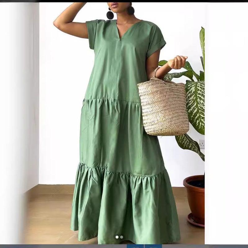 Women Fashion Casual Solid Color V-Neck Short Sleeve Maxi Dress