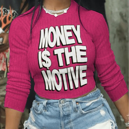 Women Fashion Casual Letter Print Long Sleeve Crop Top