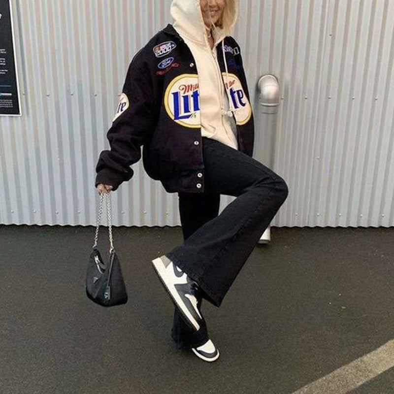 Chaqueta de béisbol de manga larga con estampado holgado e informal a la moda para mujer