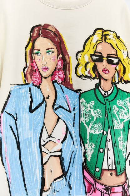 Women Casual Loose Cartoon Girl'S Printed Round Neck Long Sleeve Sweatshirt