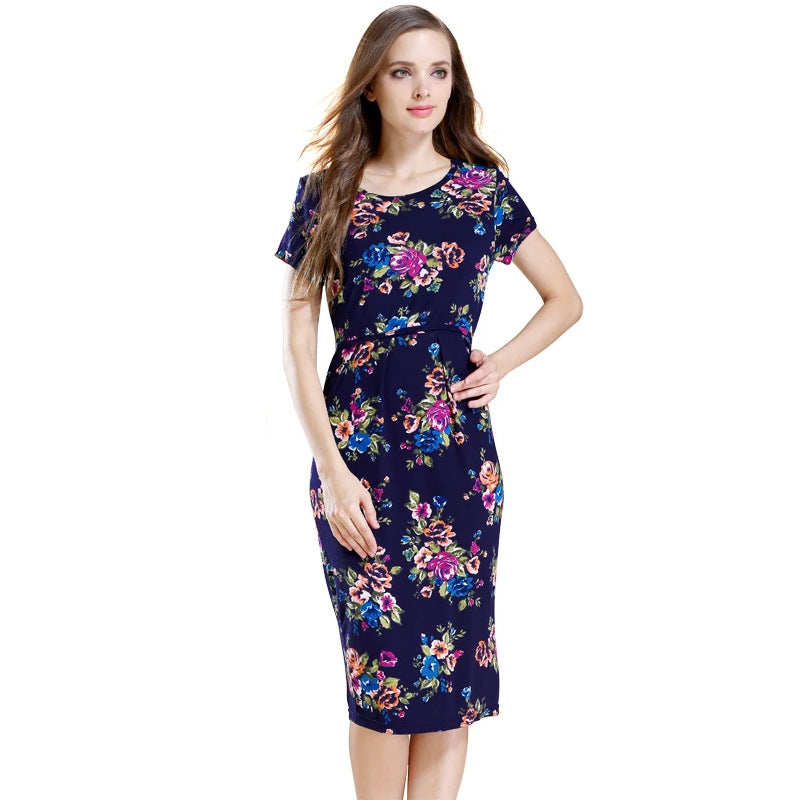 Vestido de lactancia de manga corta con estampado floral informal de moda de verano para mujeres embarazadas