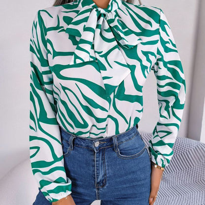 Women Fashion Casual Color Block Stripe Lace-Up Lantern Sleeve Chiffon Top