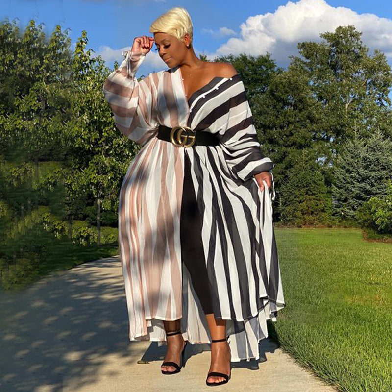 Women Fashion Casual Plus Size Stripe Stitching Long-Sleeve Single Breasted Slim-Fit Dress