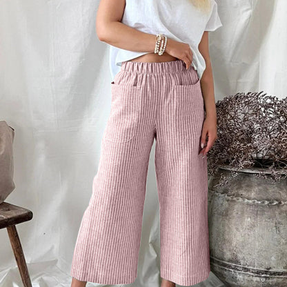 Women'S Fashion Casual Cotton Linen Stripe Loose Wide Leg Pants