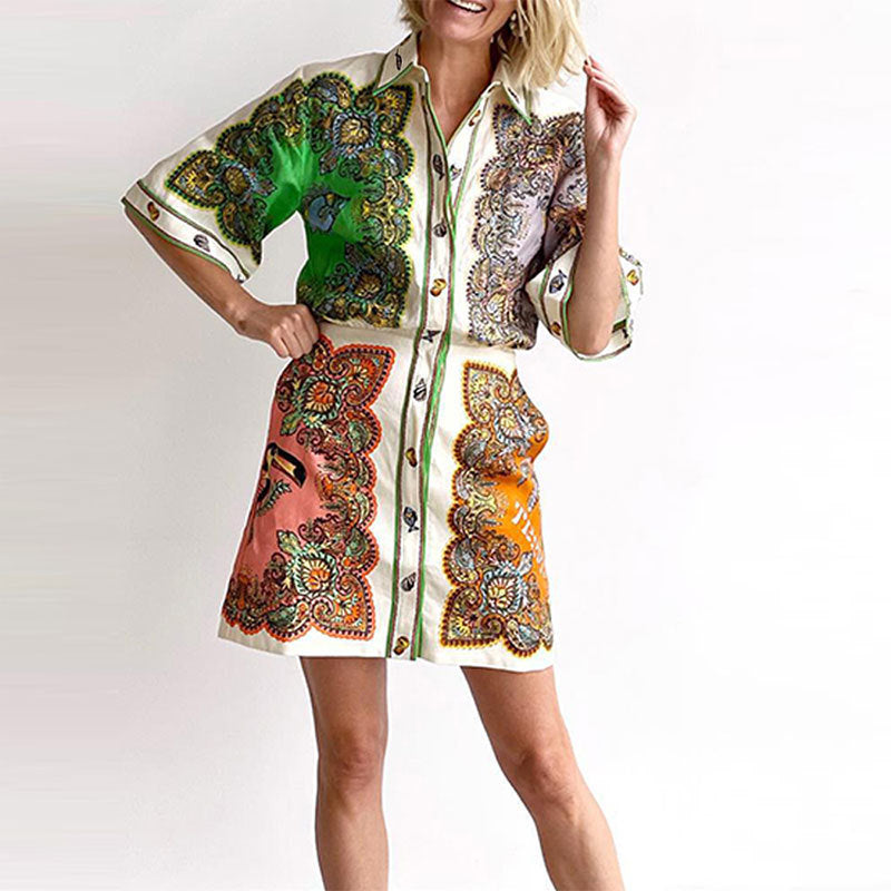 Women Fashion Casual Graphic Printed Lapel Single-Breasted Dress