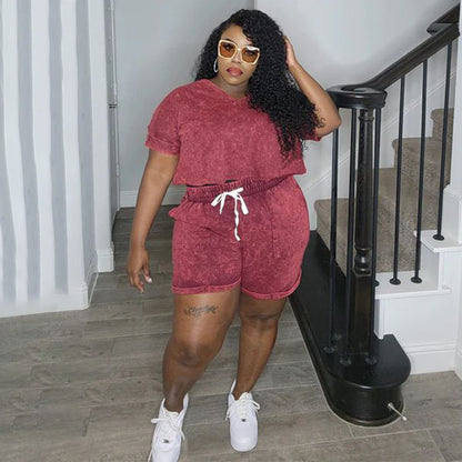 Women Casual Plus Size Printed Short Sleeve Crop Top Drawstring Shorts Two-Piece Set