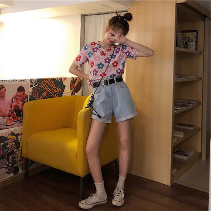 Camiseta informal de manga corta con estampado floral dulce para mujer