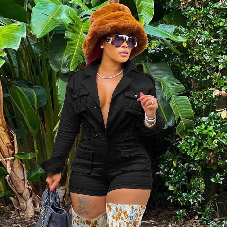 Women Fashion Casual Solid Color Denim Long Sleeve Single-Breasted Rompers